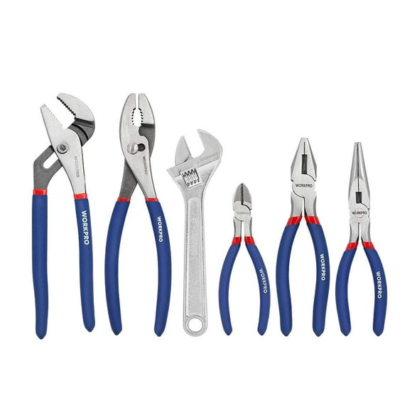 WORKPRO Large Pliers & Wrench Set 6-Piece (10" Water Pump Pliers, 10" Slip Joint Pliers, 8" Long Nose Pliers, 8" Linesman Pliers, 6" Diagonal Pliers, Best Sell