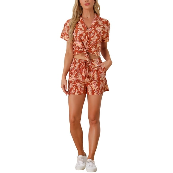 Conjuntos de Mujeres de 2 Piezas, Camisa de Botones Floral y Pantalones Cortos, Ropa Casual de Playa Tropical para Vacaciones 2026 M Rojo Oscuro