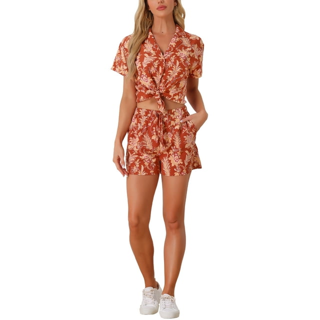 Conjuntos de Mujeres de 2 Piezas, Camisa de Botones Floral y Pantalones Cortos, Ropa Casual de Playa Tropical para Vacaciones 2026 M Rojo Oscuro
