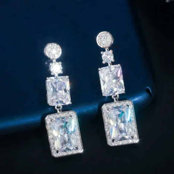 Stunning White CZ Stone Long Round Square Dangle Drop Earrings for Women Party
