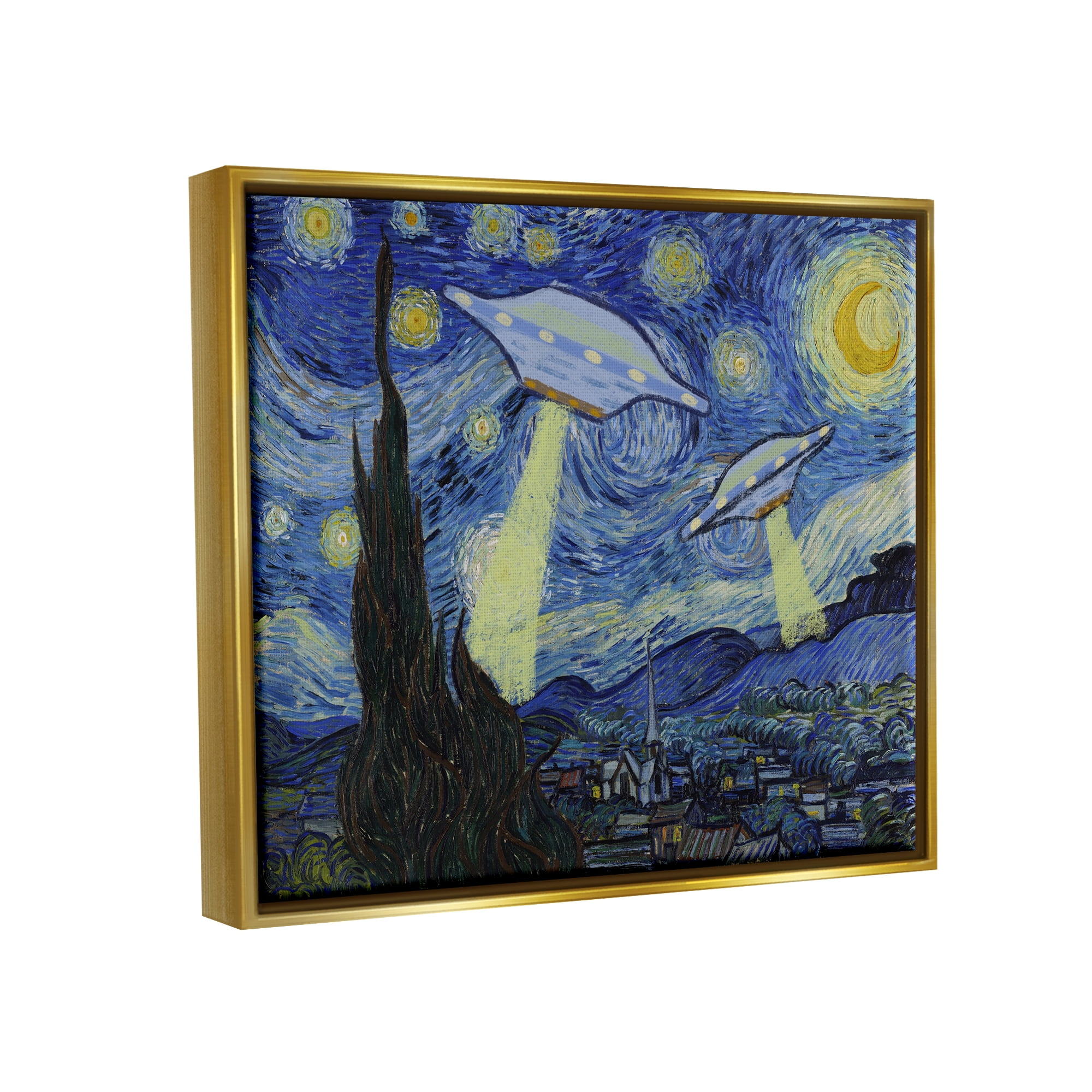 Stupell Industries Starry Night Classic Alien UFOs Fairy Tales & Fantasy Painting Gold Floater Framed Art Print Wall Art
