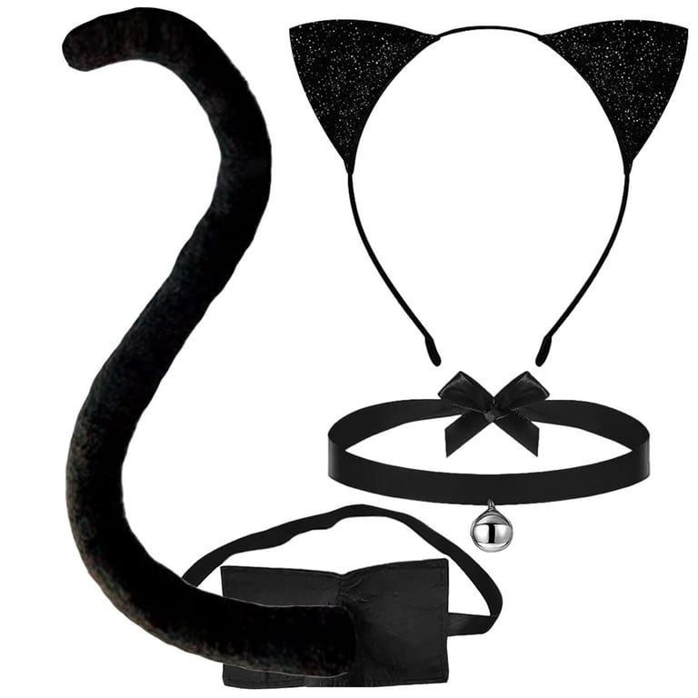 Fgnfyis Cat Ears and Tail Set with Headband Choker Necklace for Halloween Party Dress Up Black One Size