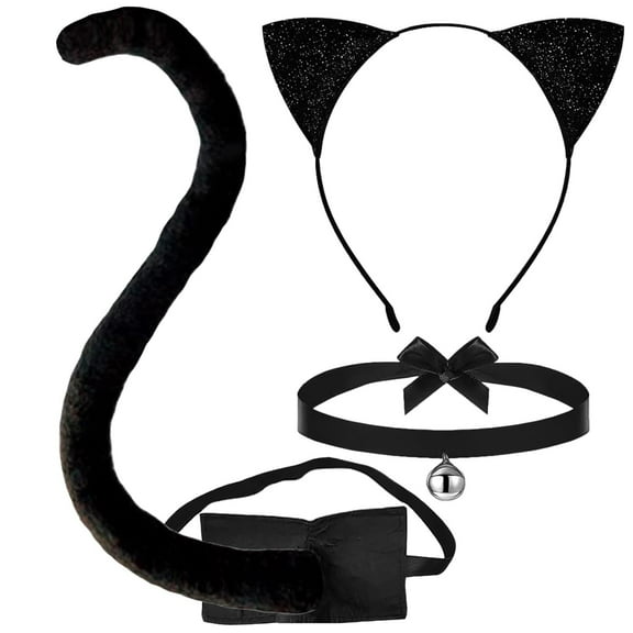 3 Piece Cat Ears And Tail Accessory Set Cat Ears Headband Long Tail And Choker Necklace For Dress Up Parties And Animal Themed Party Sup Headband Women Thin Hair Bands with Teeth Headbands Stretchy