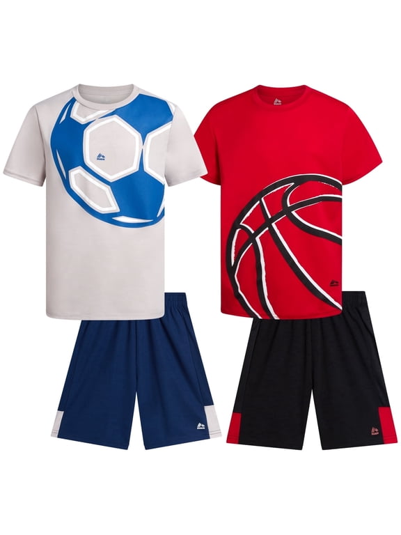 Boys Short Sets Short Sleeve Graphic Tees and Athletic Gym Shorts for Boys 4 Piece Set