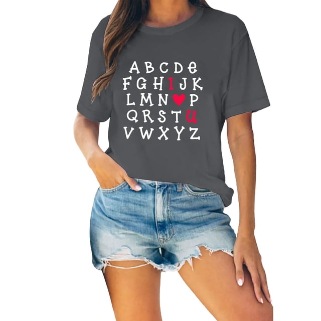 FUNUONY T-Shirts à Manches Courtes pour Femmes, Col Rond, T-Shirts Graphiques Amusants pour la Saint-Valentin, Gris m