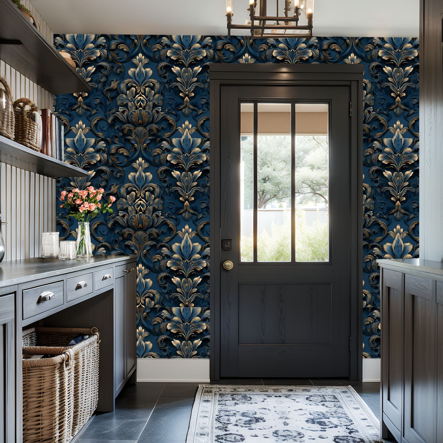 Peel and Stick Wallpaper Luxurious Baroque Floral Deep Blue Gold Embossed Style Wall Mural 17.7in x 9.8ft Self Adhesive Removable Wall Paper Renter Friendly Wallpaper for Nursery Bedroom Cabinets