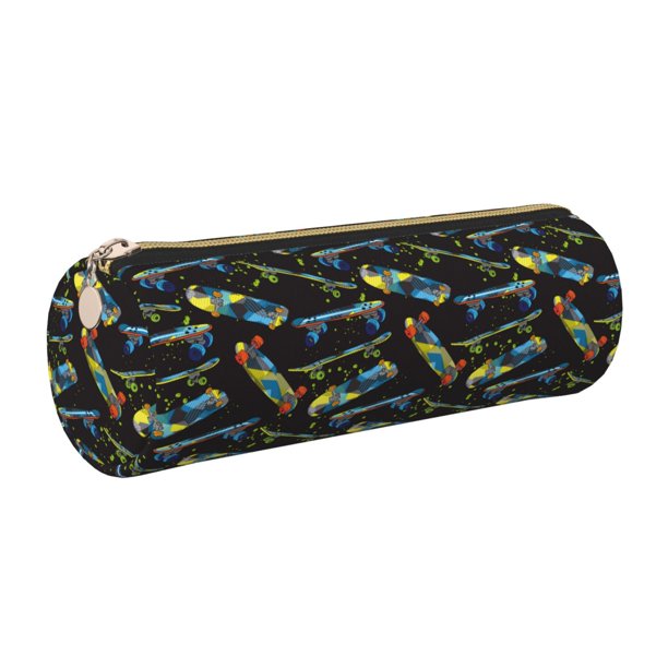 Disketp Colorful Skateboard Estuche Organizador de Lápices de Cuero, Estuche de Oficina con Cremallera para Bolígrafo y Lápiz