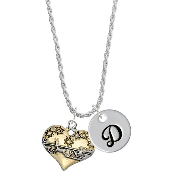 Delight Jewelry Two-tone Large Flying Santa on Heart Silvertone Script Initial Disc - D - Charm Necklace, 20"+3"
