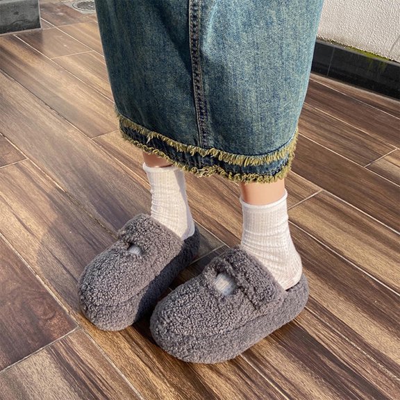 SYMSHOES Plush Gray Slippers for Women - Non-Slip Closed Toe, Adjustable Velcro Strap, Indoor Outdoor Fuzzy Cozy Mule Ladies Slippers,Size 37