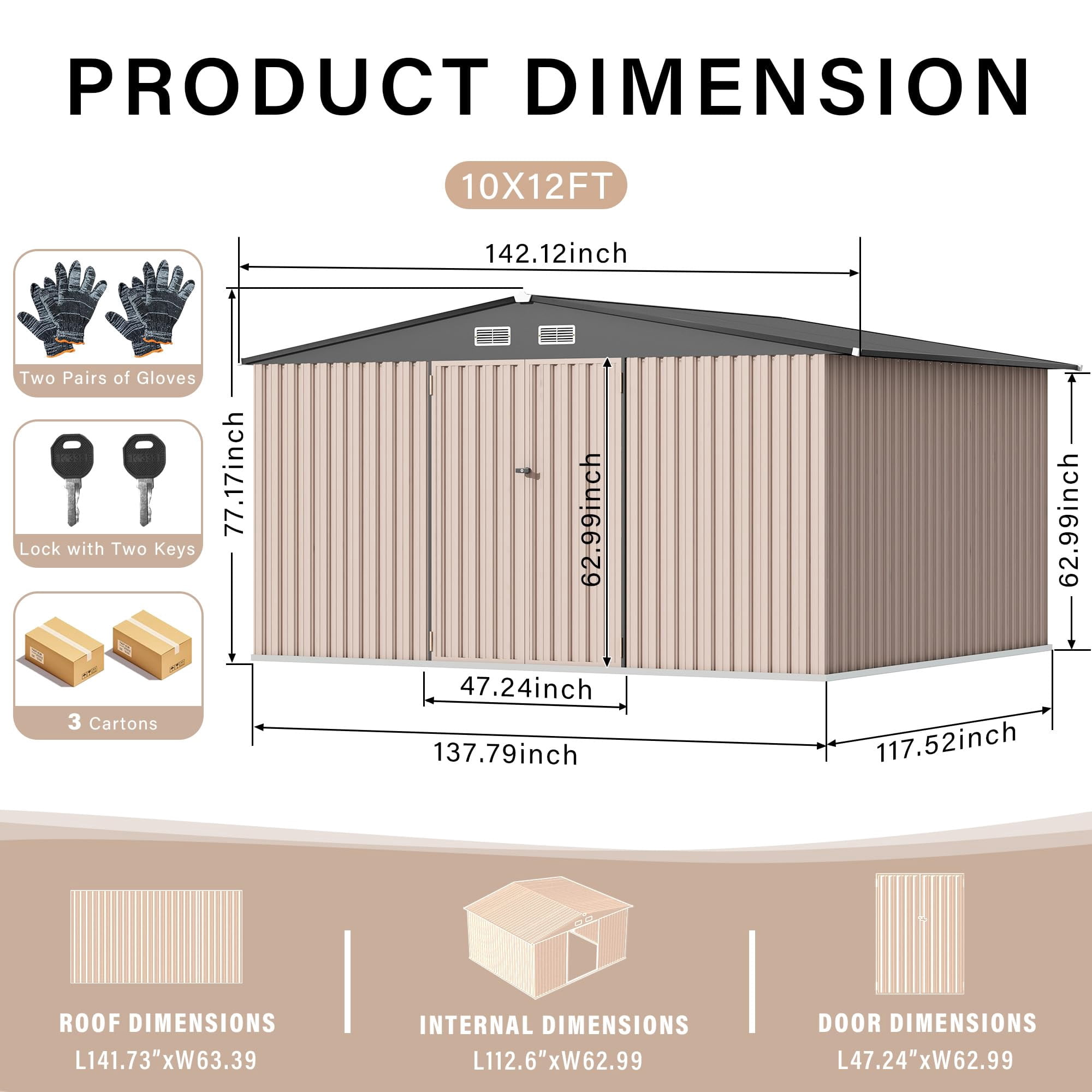 10x12 FT Metal Storage Sheds Outdoor,Metal ToolShed with Lockable Door, Metals Yard Sheds Metals Garden Shed Kit,MetalUtility Sheds Buildings with Air Vent for Backyard Garden Patio Lawn（ship in 3 box