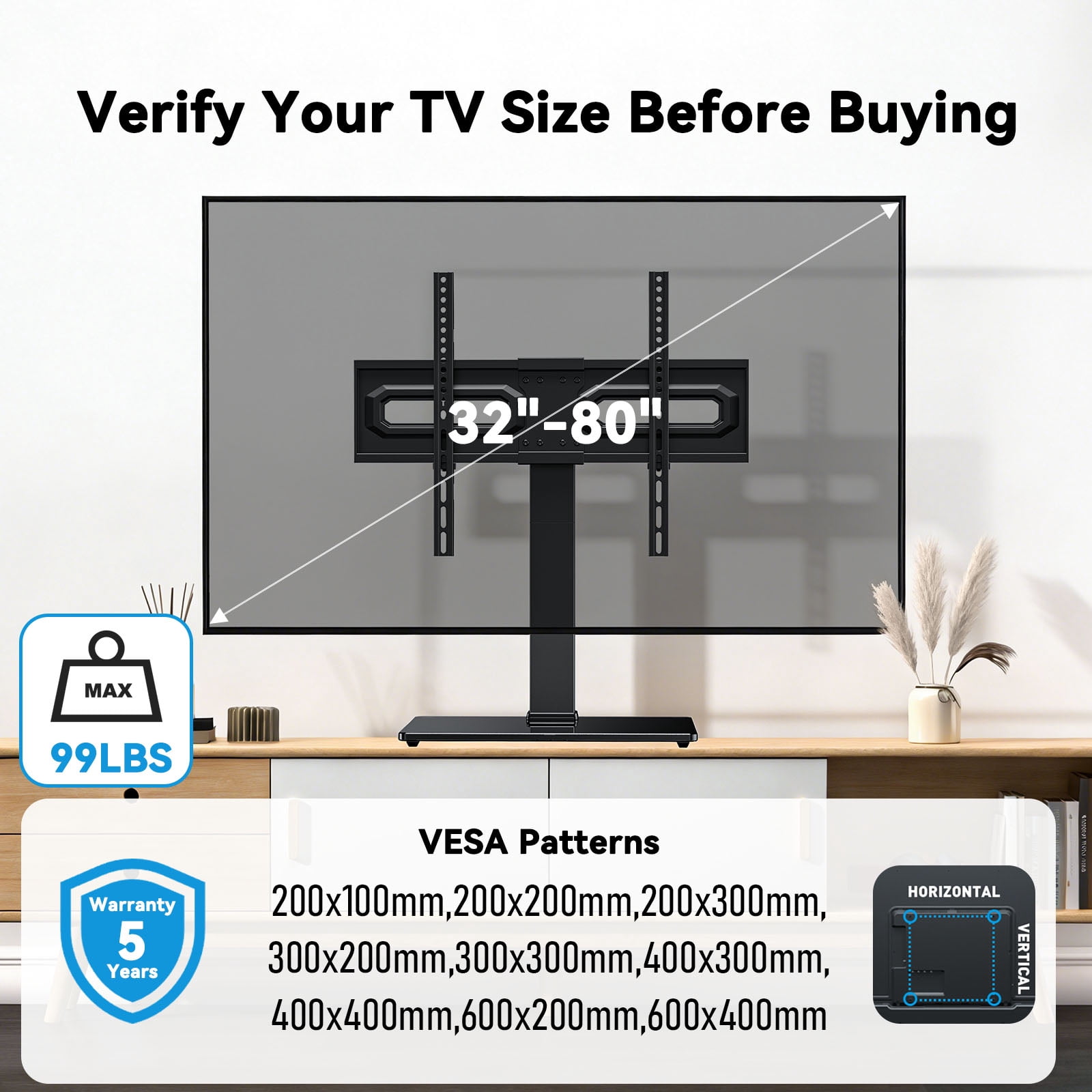 MountFTV Universal Swivel TV Stand with Power Outlet for 32-80 inch TVs up to 99 lbs, Table Top TV Stand Mount with 6 Height Adjustable, Tempered Glass Base,Max 600x400mm