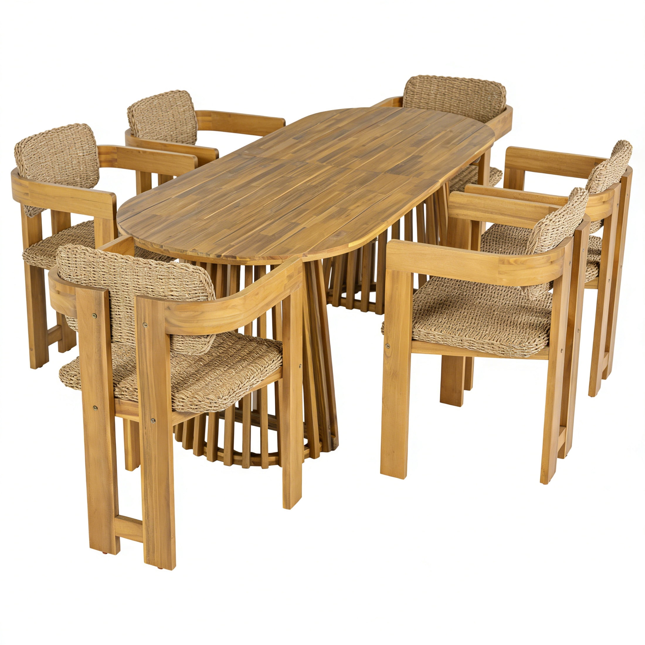 Christopher Knight Home 7-Piece Bohemian Outdoor Oval Dining Table with Rattan Armchairs, Light Brown+Teak