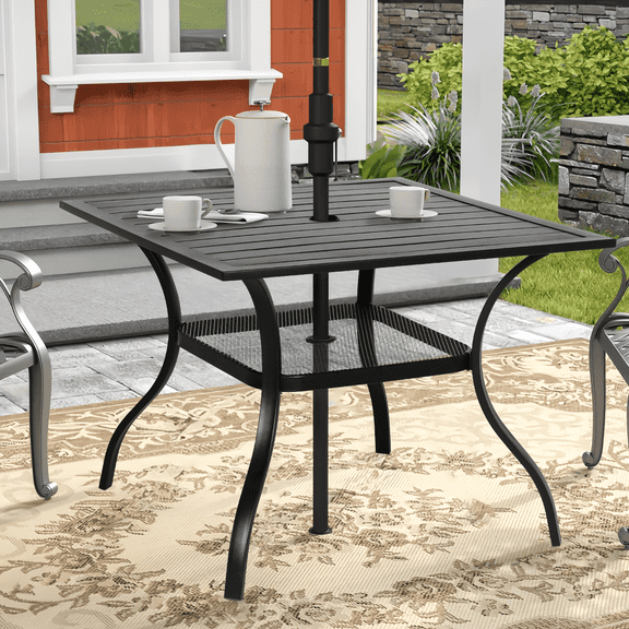 SUNCROWN 37" Black Patio Outdoor Dining Table Metal Steel Slat Square Bistro Table for Porch Deck Garden Backyard Poolside, 1.57" Umbrella Hole