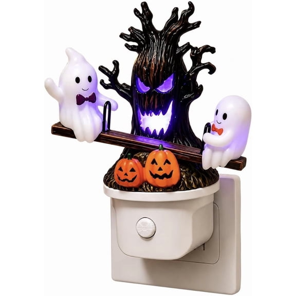 Lighted Ghost on Seesaw Night Light, Animated Seesaw Ghost Plug-in LED Nightlight, 3D Glowing Halloween Ghost Lamp with Spooky Tree Pumpkins for Bedroom Hallway Decor