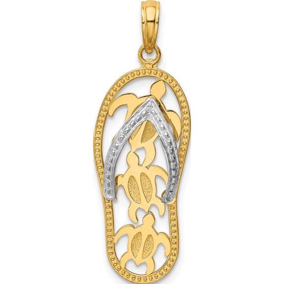 14K Yellow & Rhodium Two-Tone Triple Sea Turtle Flip-Flop Pendant (34 X 11) Made In Peru k4206