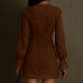 thumbnail image 5 of Women's Suede Dress V-Neck Zipper Lace Long Sleeve Solid Color Vintage Dress for Winter Retro Style and Evening Events,Brown,L, 5 of 5