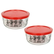Pyrex (2) 7201 4-Cup Day of the Dead Skeletons Glass Dish & (2) 7201-PC Poppy Red Plastic Lid Set (2-Pack)