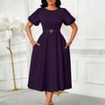 thumbnail image 2 of Ruimatai Women's Round Neck Puff Sleeve Belted A-Line Midi Dresses for Women Formal Party & Office Wear, 2 of 7