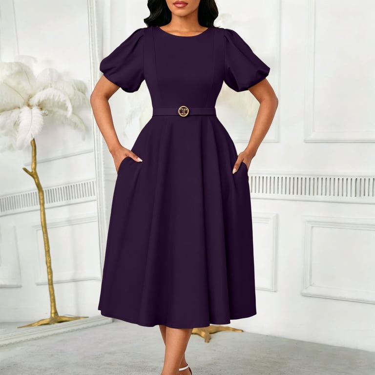 Church Dresses for Women Puff Short Sleeve Crewneck Tea Party A Line Pleated Wedding Guest Dress
