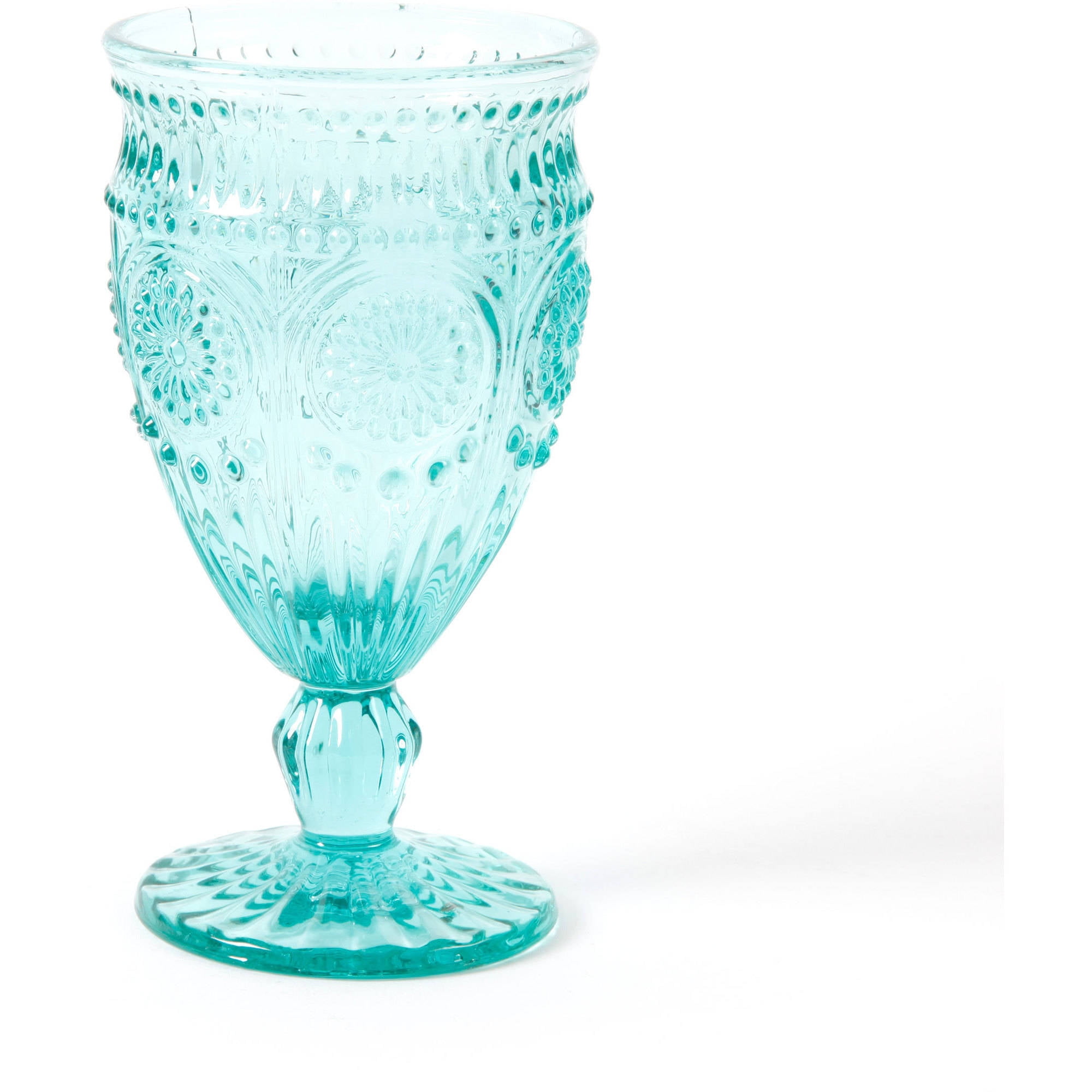 Footed Glass Goblets Teal Set of 4 Turquoise Embossed Glassware Vintage