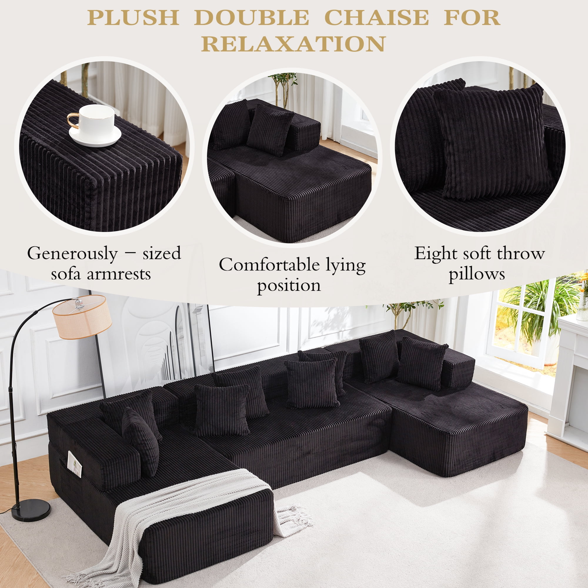 Vicluke 131" Boneless Memory Foam Sofa with Chaise Lounge, Comfy Corduroy Fabric Modular Sectional Couch, U-Shaped Sofa for Living Room & Apartment, No Assembly Required (Black)