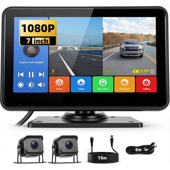 Podofo Wired Rear View Camera Kit HD 1080P 7 Inch Monitor with 2 Wireless Rear View Cameras for Trailer RV Truck Car Bus IP68 Waterproof Night Vision BSD 9V-36V