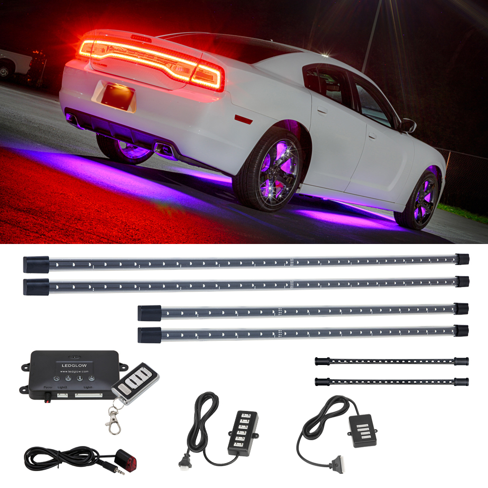 LEDGlow 4pc Purple Wireless LED Underbody Underglow & 2pc Interior Lighting Light Kit