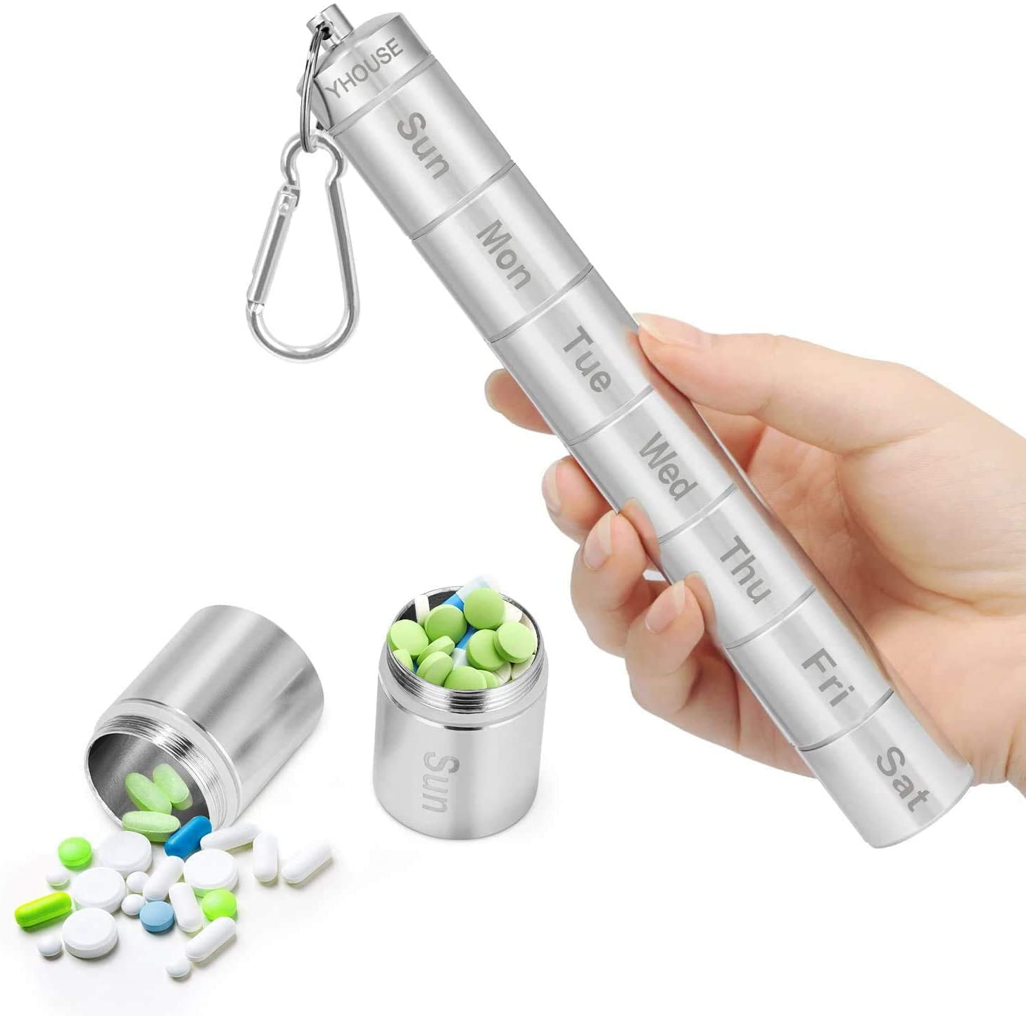 Waterproof Aluminum Travel Pill Box Case Holder Keychain Container Silver