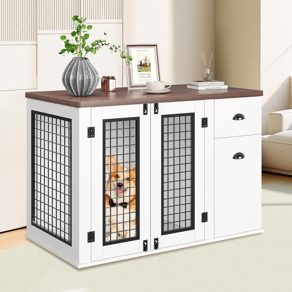 44 Inch Dog Crate Furniture with Drawer Cabinet, Heavy Duty Wooden Indoor Kennel Side Table for Small to Medium Dogs
