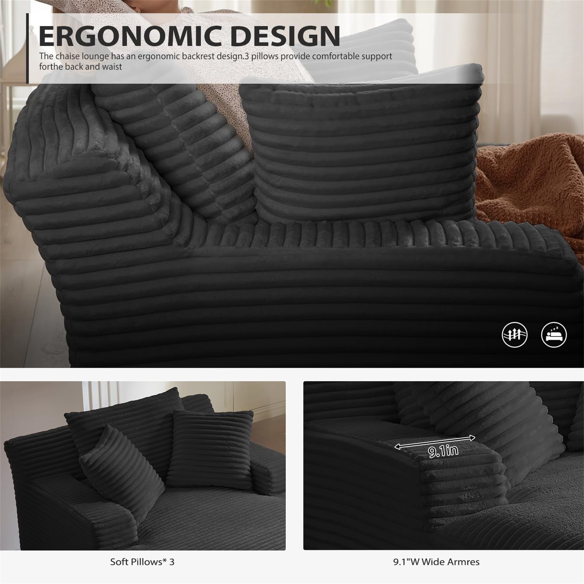 Aukfa 65" Oversized Chaise Lounge Indoor Chair Boneless Sofa Couch for Living Room, 3Pillows, Corduroy, Black