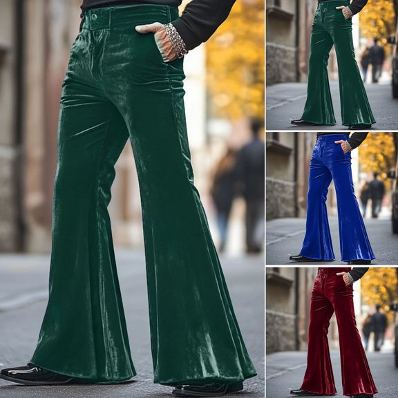 Joernso Men's Bell Bottom Velvet Pants Retro Style 70s Disco Outfit Casual Loose-Fit Party Street Flared Trousers for Daily Street Office Parties