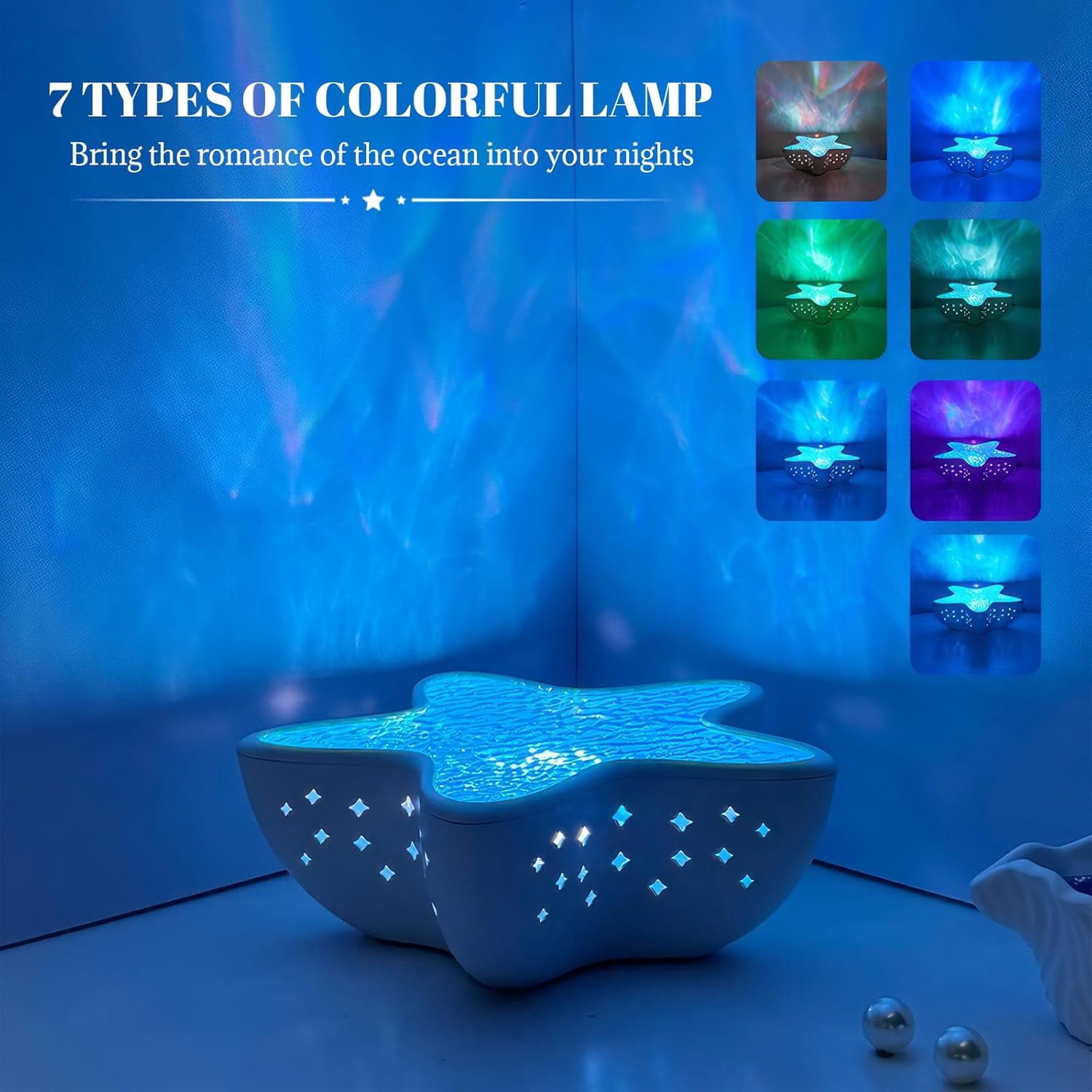 Ocean Wave Projector Light, 7 Colors Rechargeable Starfish Night Light for Kids, Dimmable Water Ripple Lamp Ambient Lighting Aurora Projector for Room Decor, Unique Gifts for Kids Boys Girls