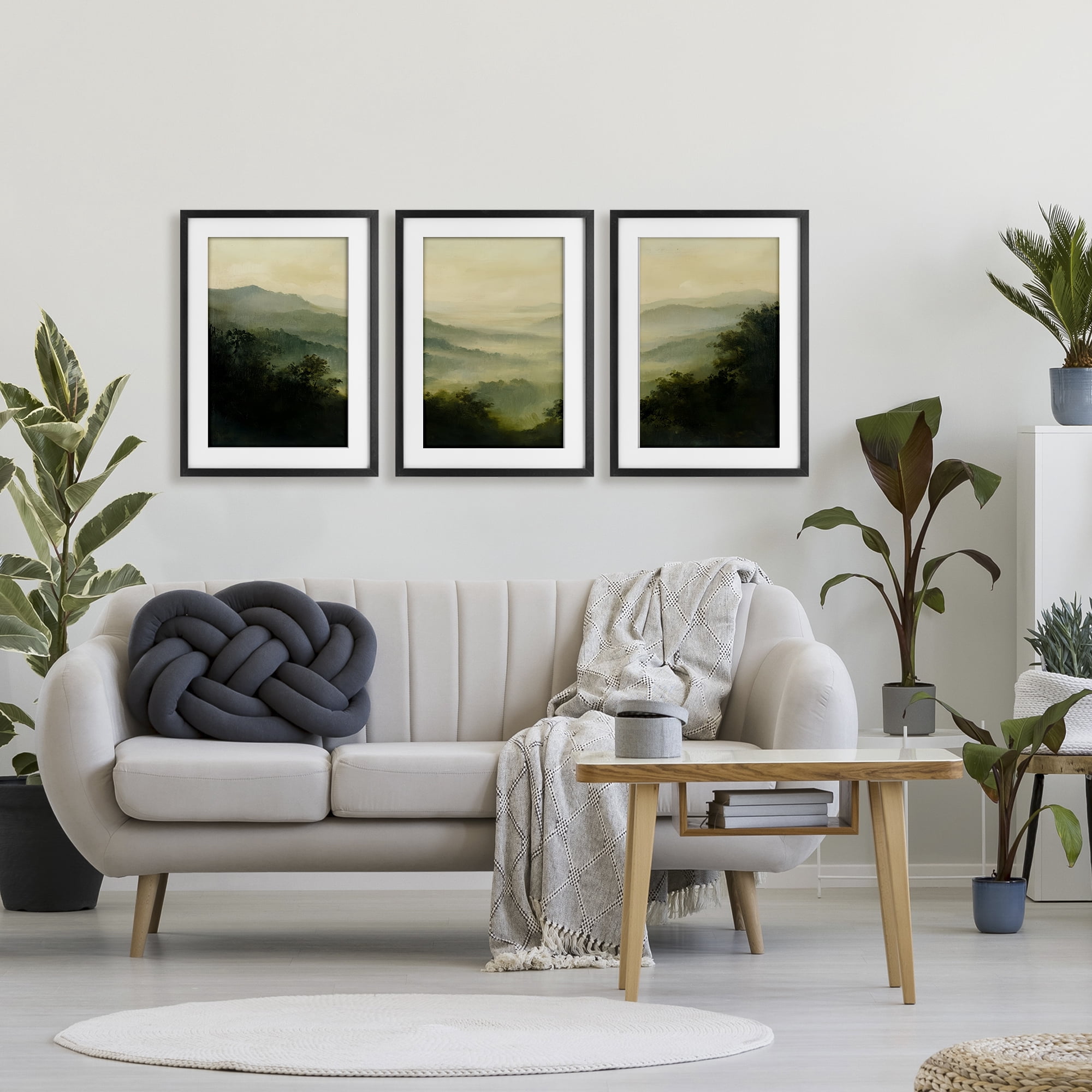 Stupell Industries Through The Haze Mountain Panorama 3 Piece Black Framed Print Under Glass Set, design by Petal Prints Design