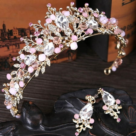 AkoaDa 1Set Luxury Rose Gold Bridal Pearl Crowns Handmade Tiara Bridal Headband With Earring Wedding Crystal Tiara Crown Hair Wedding Accessories