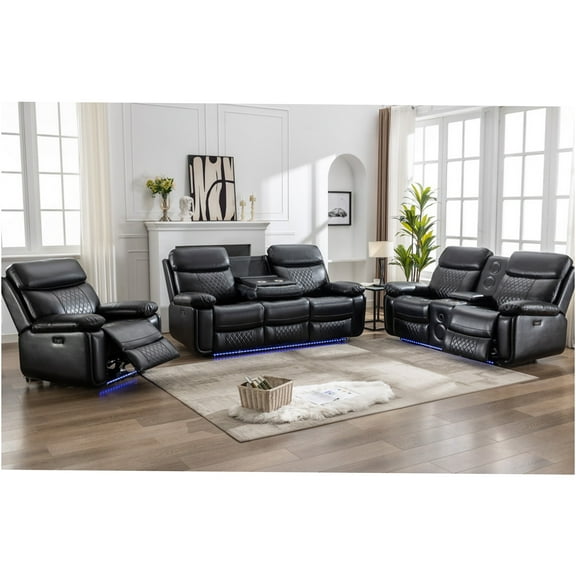 JERFIT Modern 2-Seat Power Reclining Sofa Set with Bluetooth Speakers, LED Light Strip, USB Charger, Cup Holders in Black Faux Leather for Living Room