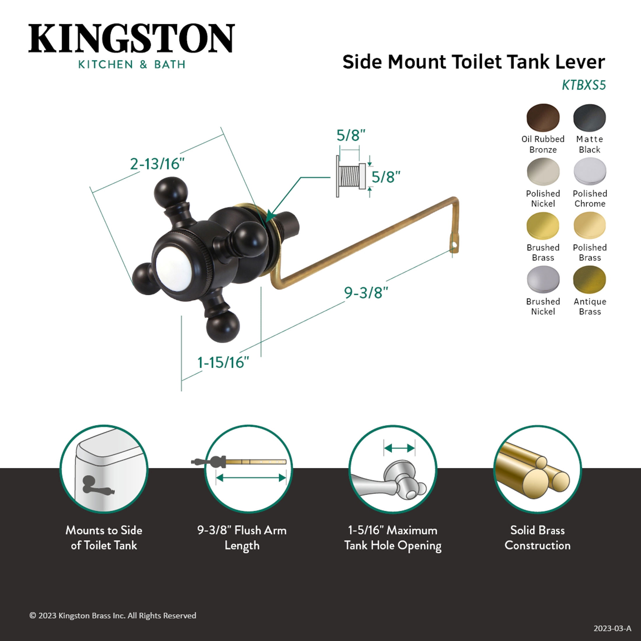Kingston Brass KTBXS7 Buckingham Side Mount Toilet Tank Lever, Left/Right Installation in Brushed Brass