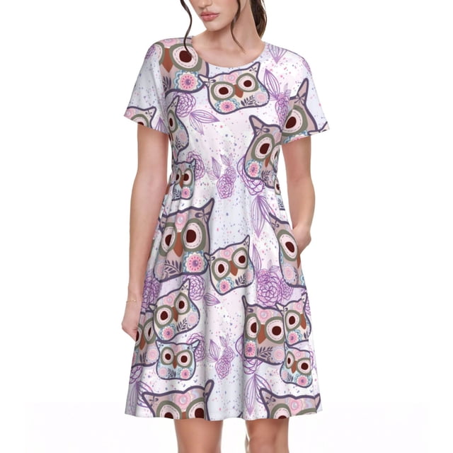 Disketp Owl And Floral para Vestido de Manga Corta para Mujeres, Vestidos de Verano para Mujeres, Casual y Holgado para la Playa