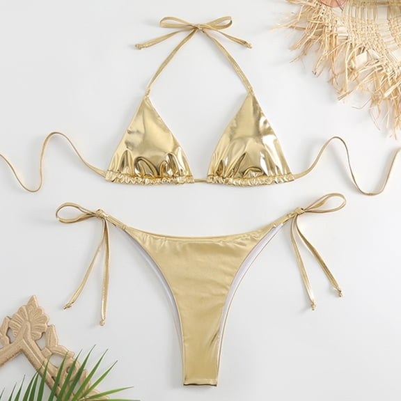 Joernso 2Pcs/Set Women Bikini Set Bronzing Surface Halter Bra Lace-up Briefs Set Quick Drying Swimsuit Beachwear