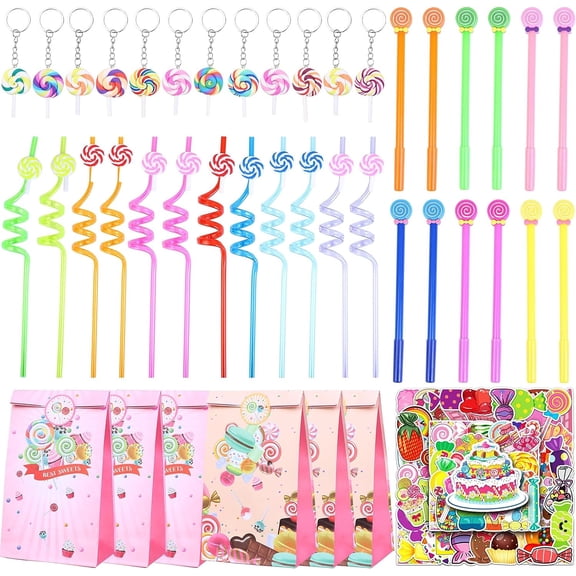 Jollyboom 98Pcs Candyland Party Favors Set, Lollipop Keychains Reusable Straws Pens, Sweet Candy Stickers Goodie Gift Treat Bags for Candyland Party Favors Birthday Party Decorations Baby Shower