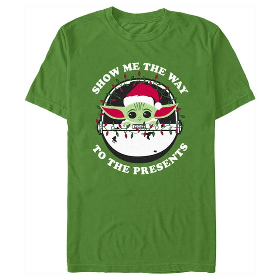 Men's Star Wars: The Mandalorian Christmas Grogu Show Me the Way to the Presents Graphic Tee Kelly Green Large