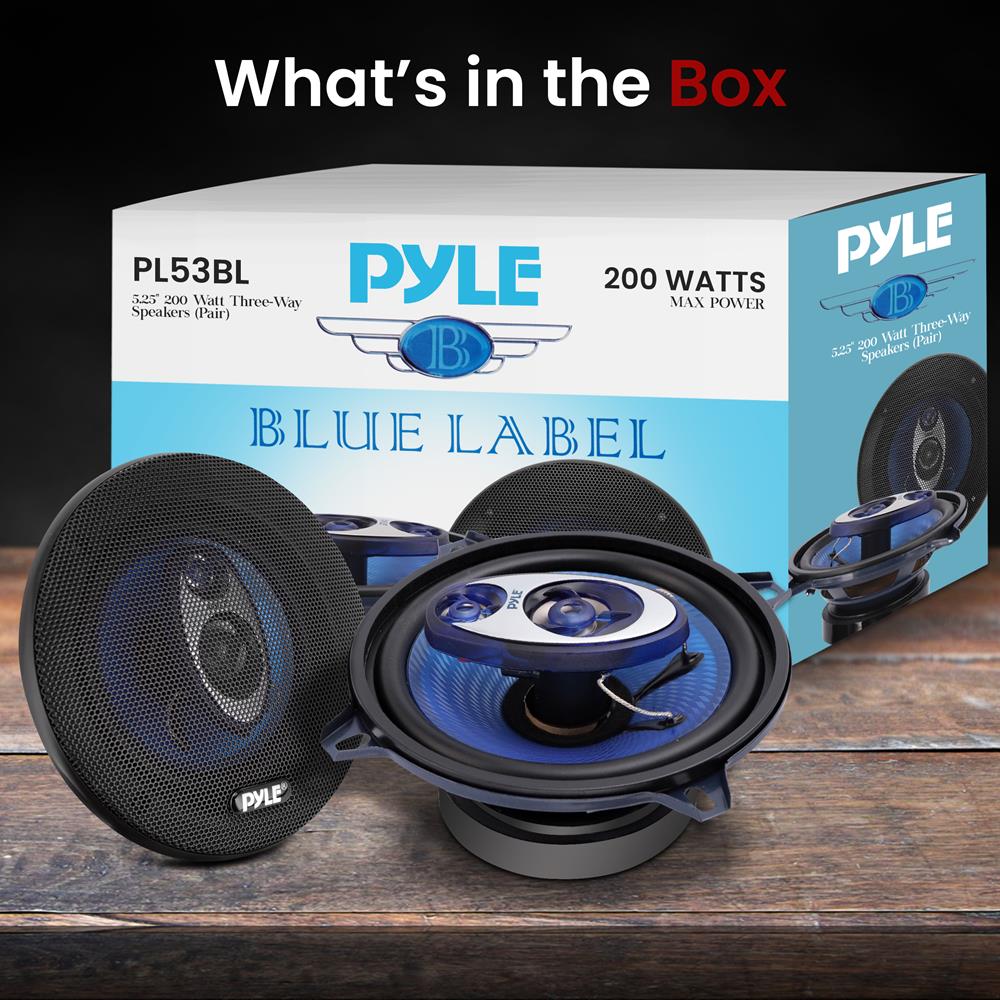 Pyle Car Sound Speaker 5.25 Inch 3-Way 200 Watt Blue Poly Cone Car Audio Speakers, Pair