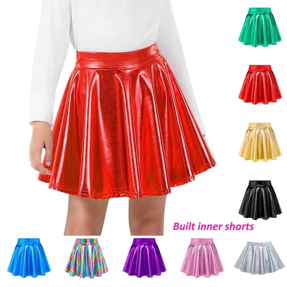 Girls Flared Skater Skirt Shiny Metallic Elastic Waist Flowy Skorts for Party Holiday Performance Event Kids Skirts 4-5Y