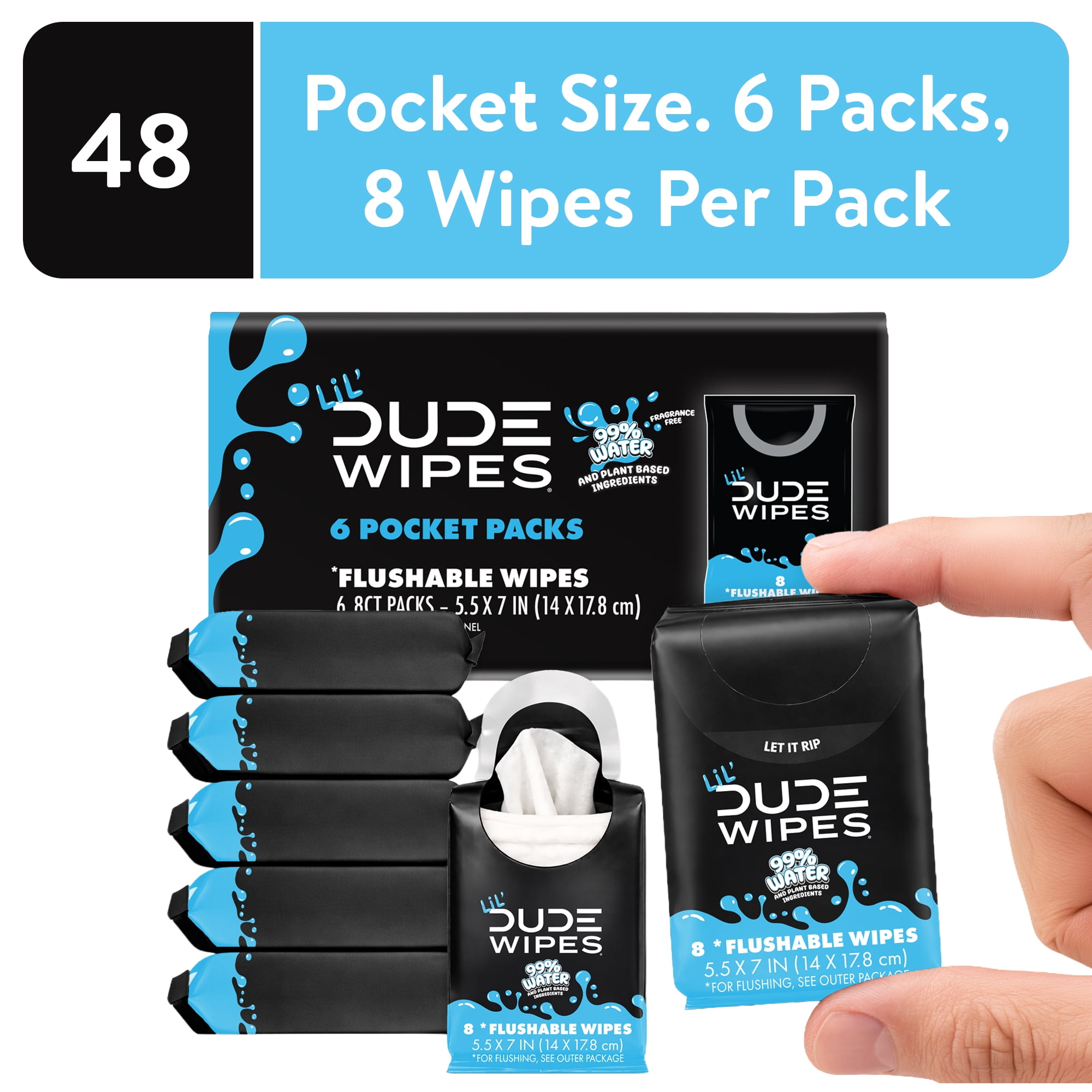 LiL' DUDE Pocket Packs Flushable Wipes, Extra Large Fragrance Free Wet Wipes, 8 Count, 6 Pack