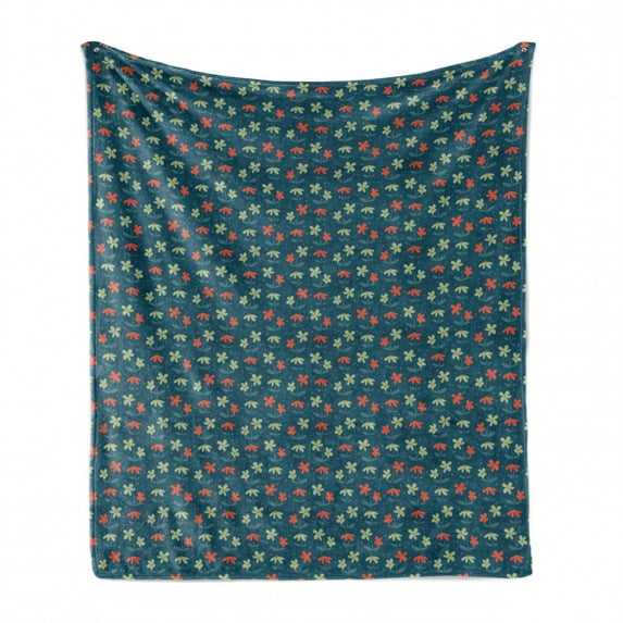 Floral Soft Flannel Fleece Blanket, Flourishing Flowers and Polka Dots Retro Nature Art Botanical Design, Cozy Plush for Indoor and Outdoor Use, 70" x 90", Petrol Blue and Multicolor, by Ambesonne