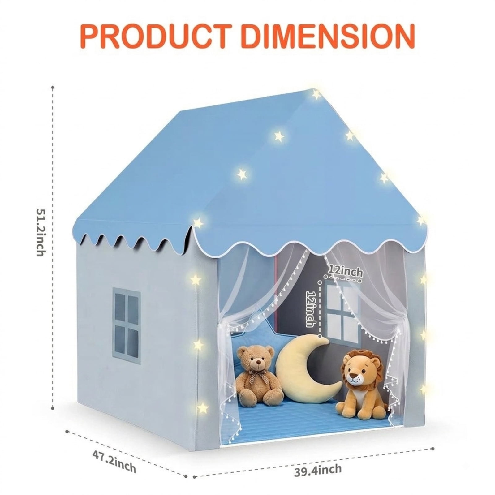 Fenbeli 2-in-1 Kids Play Tent with Padded Mat and Star Lights, Indoor Outdoor Playhouse with Windows, Blue and Gray