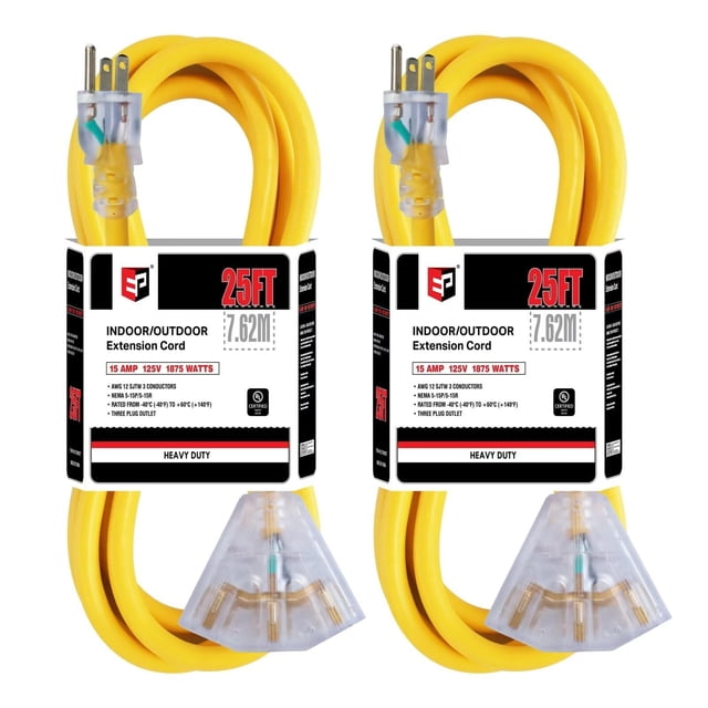 Cable de extensión EP, paquete de 2 unidades, 7,6 m, calibre 12, 15 A, 125 V, 1875 W, con 3 enchufes
