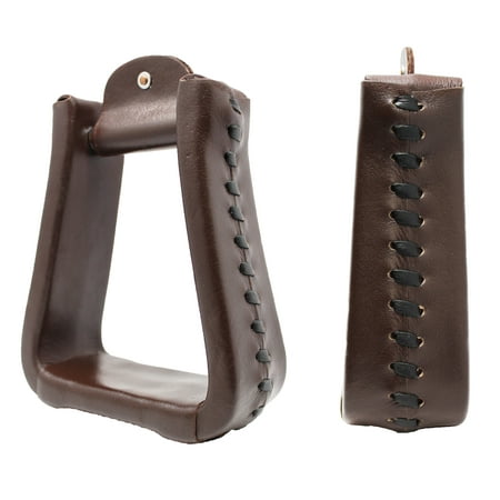 Horse Western Brown Leather Covered 5  Wide 5.5  Tall Bell Saddle Stirrups 51176BR