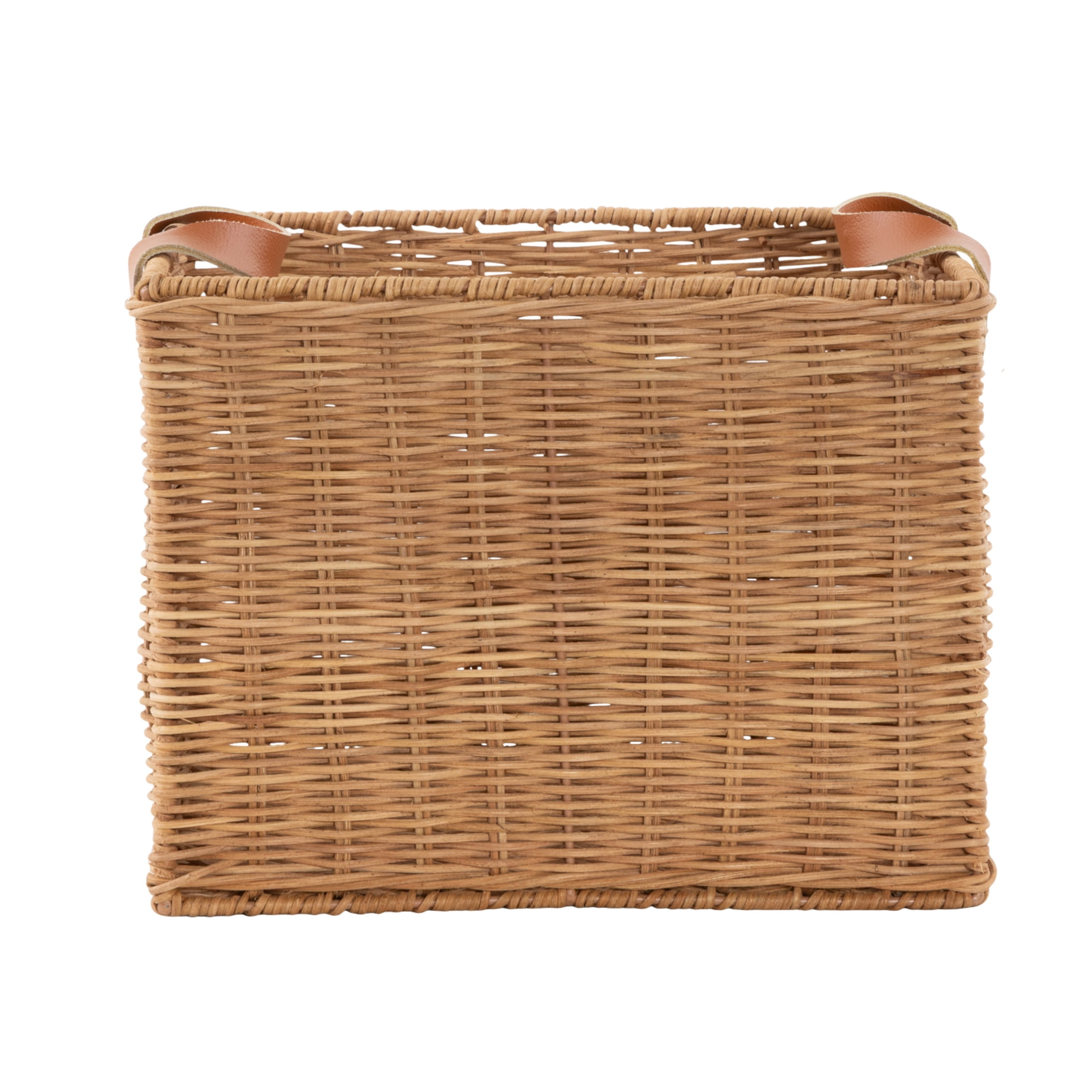 DecMode 12" x 9" Brown Rattan Handmade Woven Storage Basket with Leather Handles, 1-Piece