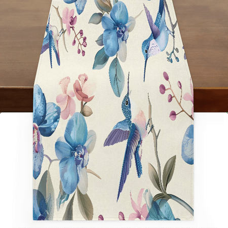 

Qzaxky Table Runner Boho Table Runner Hummingbird Flower Blue Floral Bohemian Boho Outdoor Table Runner Decoration for Indoor Outdoor Home Dinner Party Wedding Decor 13 x 108 Inch