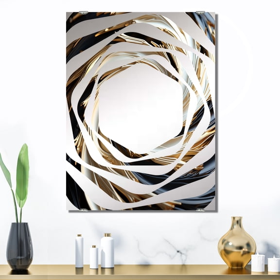 Designart "Hypnotic Abstract Spiral in White and Gold" Abstract Spirals Oversized Wall Mirror - Modern Abstract Bathroom Wall Mirror Decor - Multiple Color Options